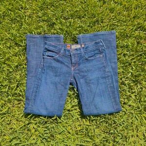 Juicy Couture low rise flare blue jeans with embroidery on pockets